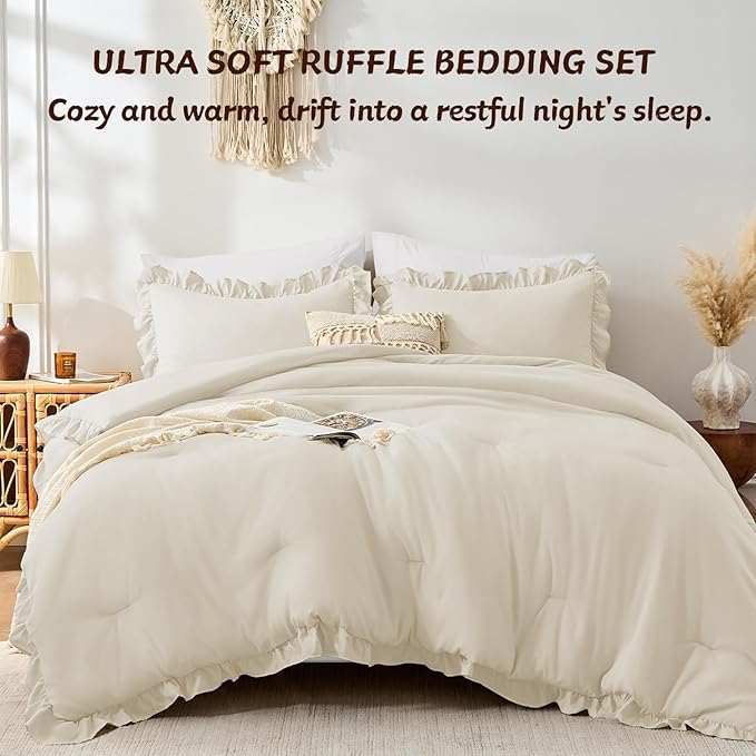 FUANNA Full Size Comforter Sets Cream White, 3 Pieces Ruffle Full Size Bedding - Image 4
