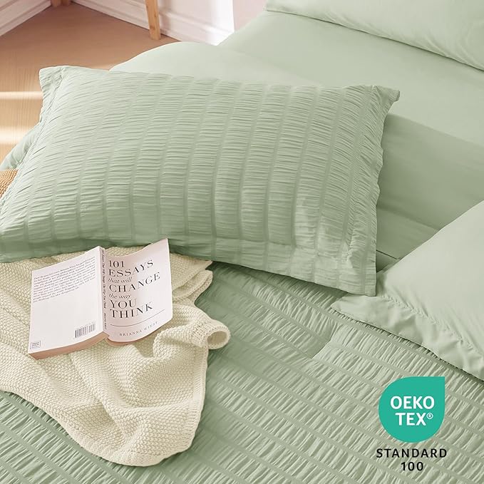 MUXHOMO 7 Pieces King Comforter Set, Seersucker Bed in a Bag King Size - Image 8