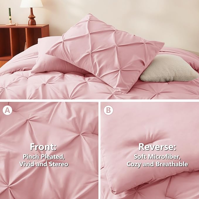 CozyLux Full Size Comforter Sets Pink, 7 Pieces Pintuck Bed in A Bag Pink - Image 3