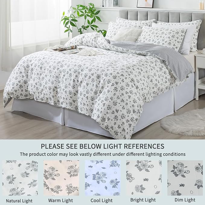 FADFAY Twin Size Duvet Cover Set 100% Cotton Grey White Floral Comforter Cover - Image 5