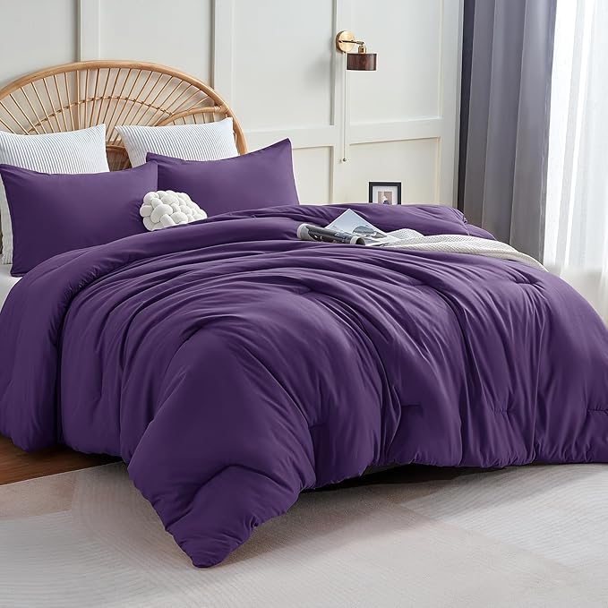 CozyLux King Size Comforter Set Purple, 3 Pieces Solid Comforters King Size by CozyLux