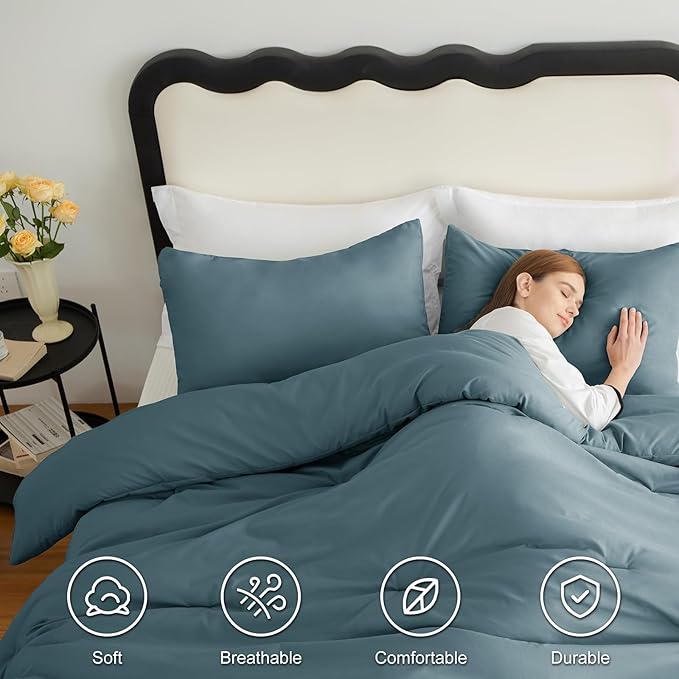 CozyLux King Size Comforter Set Mineral Blue, 3 Pieces Solid Comforters King - Image 5