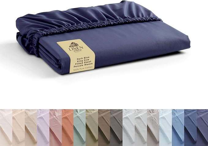 Linen Home 100% Cotton Percale Weave Fitted Sheet, King Size, Dark Blue by LINENHOME