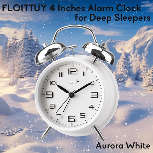 (Loud Alarm for Deep Sleepers 4'' Twin Bell Alarm Clock, Stereo Digital Dial Alarm Clock with Backlight for Bedroom and Home Decoration(Aurora White)