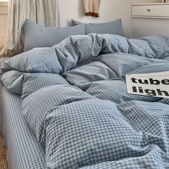 PinkMemory Blue Gingham Duvet Cover Bedding Set King 100% Washed Cotton Blue - Image 3