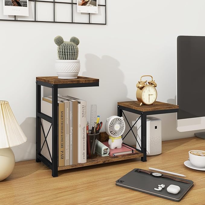 ELITEROO Desktop Shelf Organizer, 3 Tier Office Shelves, Wood Desk Organizers Storage Rack and Freestanding Display Shelf for Office, Dormitory, Home, Rustic Brown-DeskoryOffice