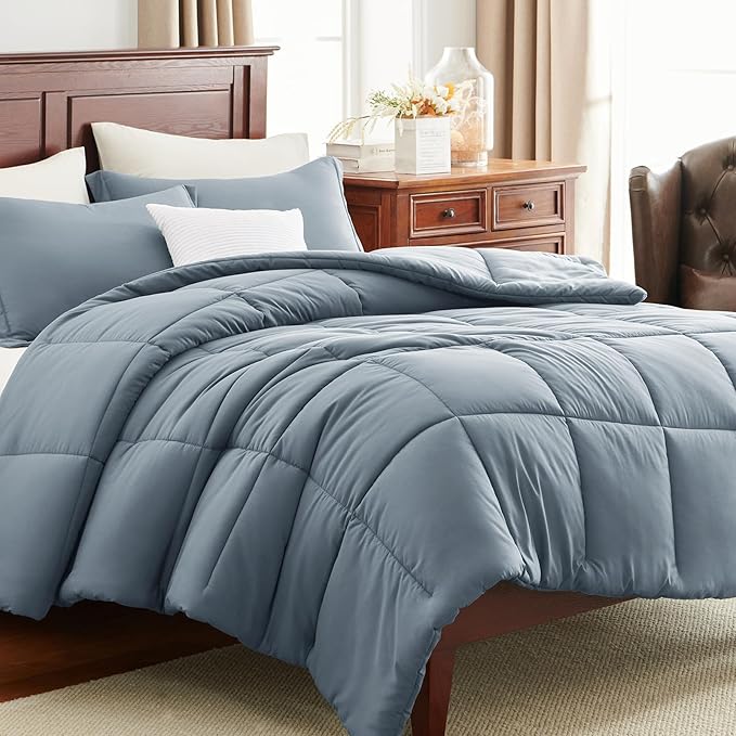 CozyLux Oversized King Comforter Set, 3 Pieces Grayish Blue 120x98 Box Stitched - Image 9
