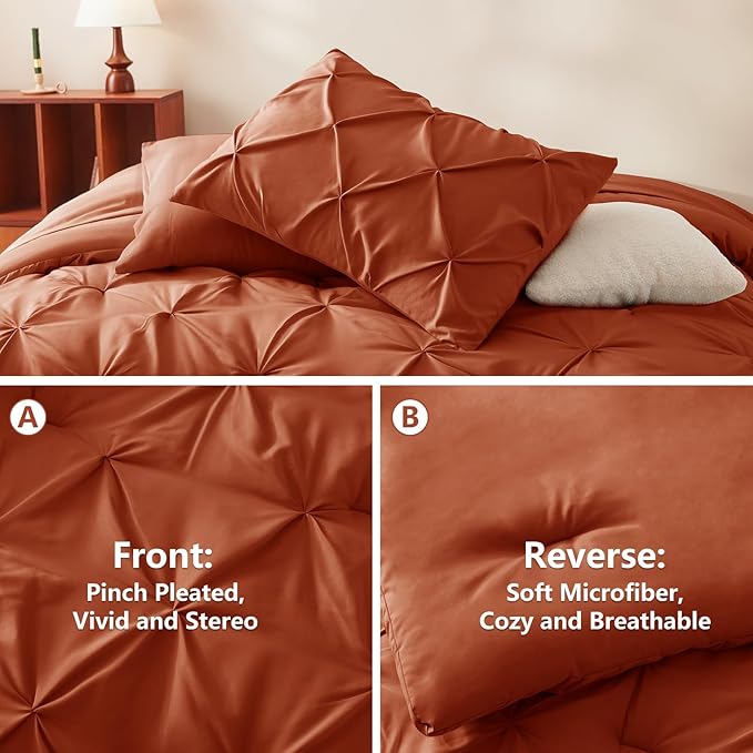HIMEET Pintuck Bed in a Bag, 7 Pieces Full Size Comforter Set Burnt Orange - Image 3