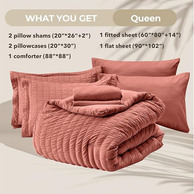 HYMOKEGE Coral Queen Comforter Set Seersucker 7 Pieces, All Season Luxury Bed - Image 6
