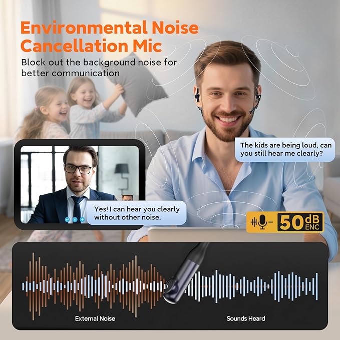 Pilot P200b Pro Wireless Headset with Mic for Work, 50dB Noise Cancelling Headphones with ENC, Bluetooth 5.3 - Wireless Computer Headset for Meetings and Calls-DeskoryOffice