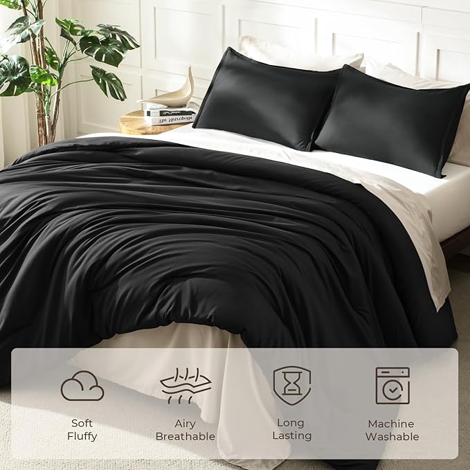 Litanika Black Comforter Full Size, 3 Pieces Boho Lightweight Solid Bedding - Image 3