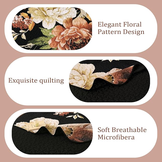 WONGS BEDDING Black Boho Floral Quilt Set King, 3 Pieces Elegant Gold Flower - Image 7