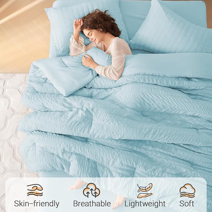 MUXHOMO 7 Pieces California King Comforter Set, Seersucker Bed in a Bag Cal - Image 2