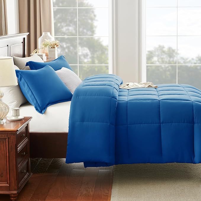 CozyLux Oversized Queen Comforter Set, 3 Pieces Classic Blue 98x98 Box Stitched - Image 8