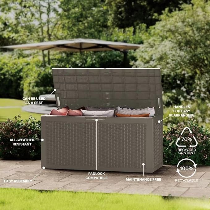 100 Gallon Lockable Resin Deck Box, Waterproof & UV-Resistant Outdoor Storage Box for Outdoor Cushion Storage, Garden Tools & Pool Accessories Storage, Gray-DeskoryOffice