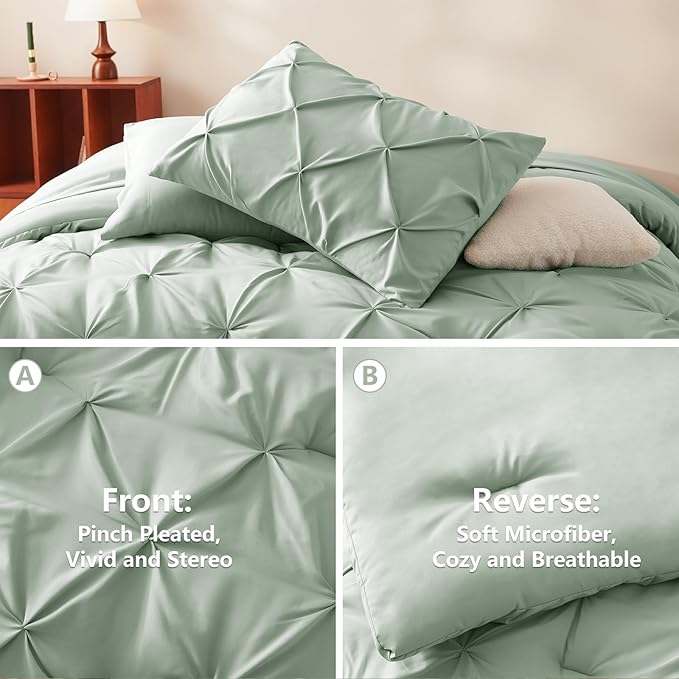 CozyLux Twin XL Comforter Set Sage Green, 5 Pieces Twin Extra Long Pintuck Bed - Image 3