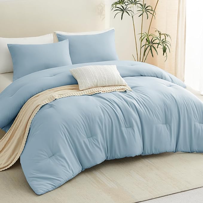 CozyLux King Size Comforter Set Light Blue, 3 Pieces Solid Comforters King Size - Image 9