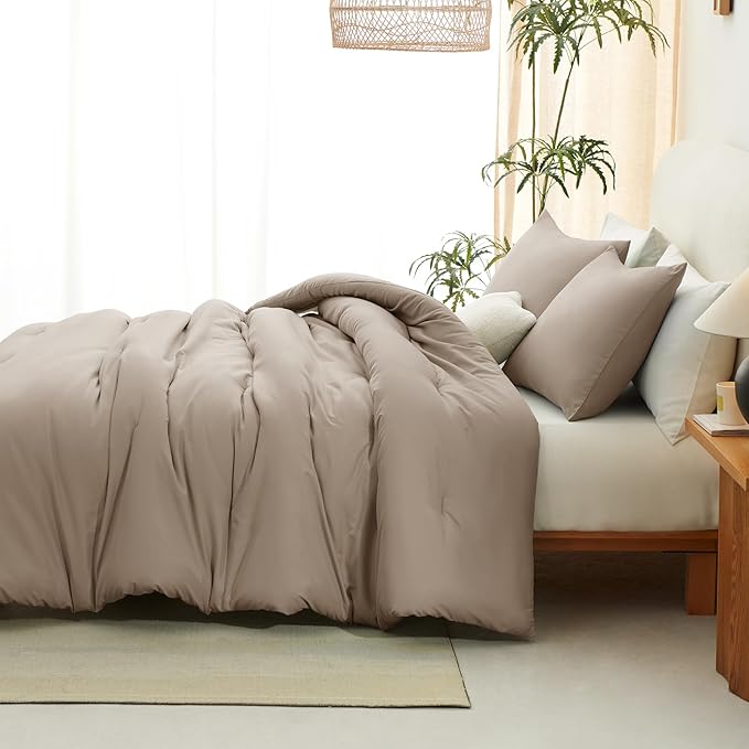 CozyLux King Size Comforter Set Khaki, 3 Pieces Solid Comforters King Size - Image 8