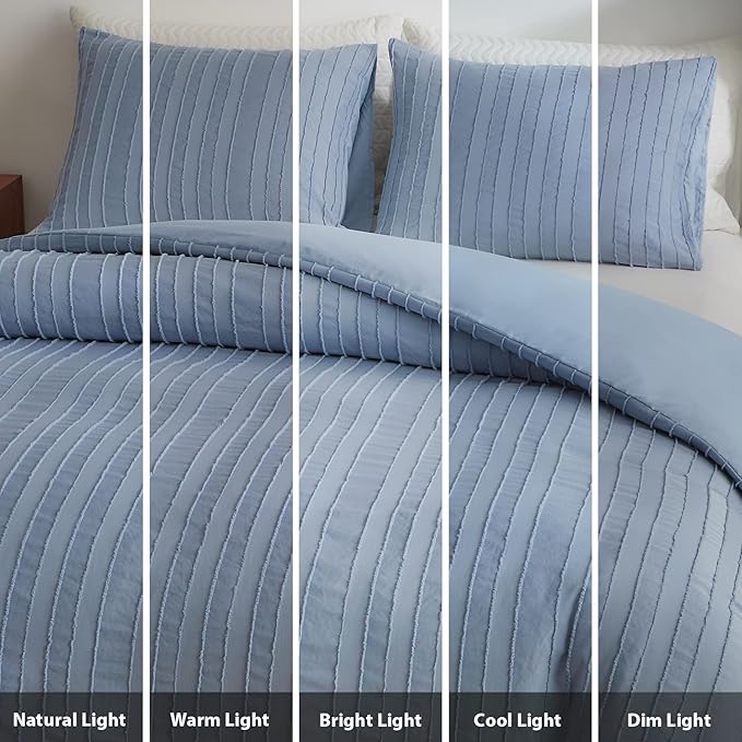 WARMDERN Blue Striped Duvet Cover Set, Boho Textured Tufted Bedding, 2 Piece - Image 8