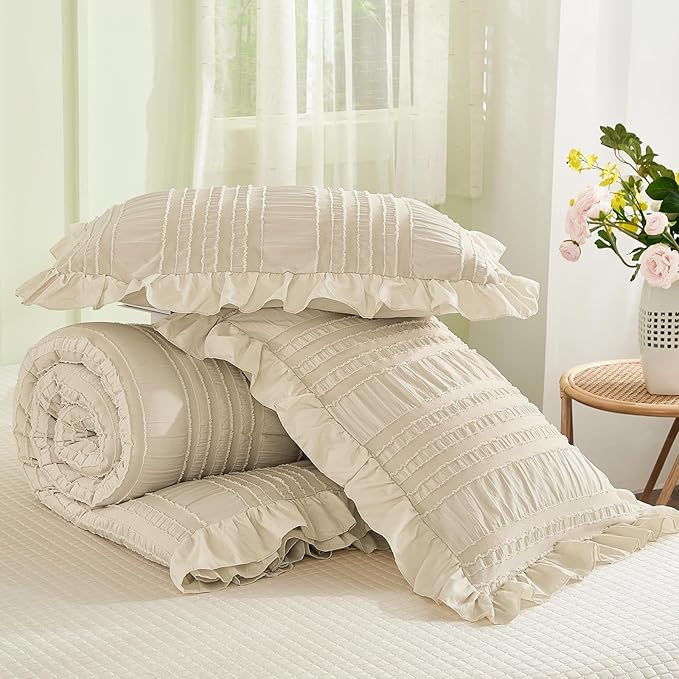 WONGS BEDDING Beige Comforter Set Full, 3 Pieces Ruffle Shabby Chic Comforter - Image 7