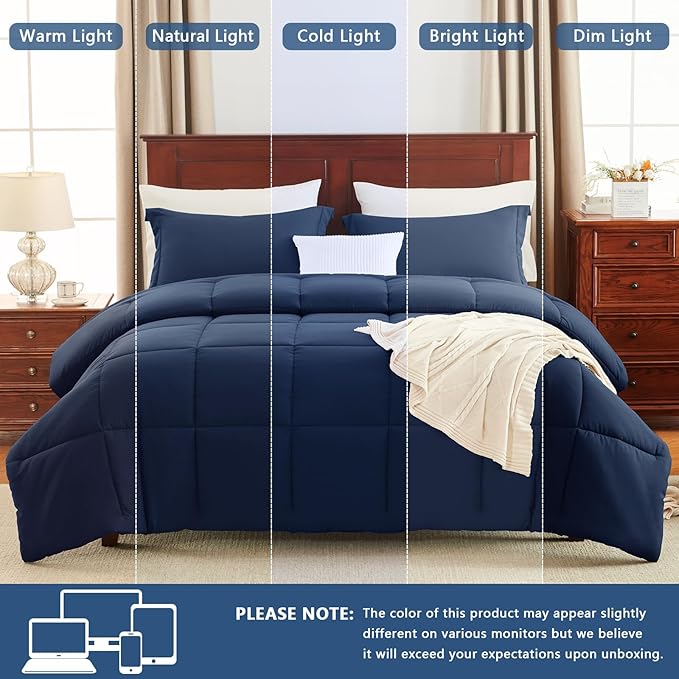 CozyLux Oversized Queen Comforter Set, 3 Pieces Navy Blue 98x98 Box Stitched - Image 5