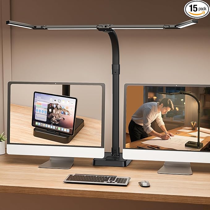 LED Desk Lamp for Home Office - 24W Bright Double Head Desk Light with Clamp Eye Caring Architect Task Light 25 Lighting Modes Adjustable Flexible Gooseneck Lamp (All Black)-DeskoryOffice