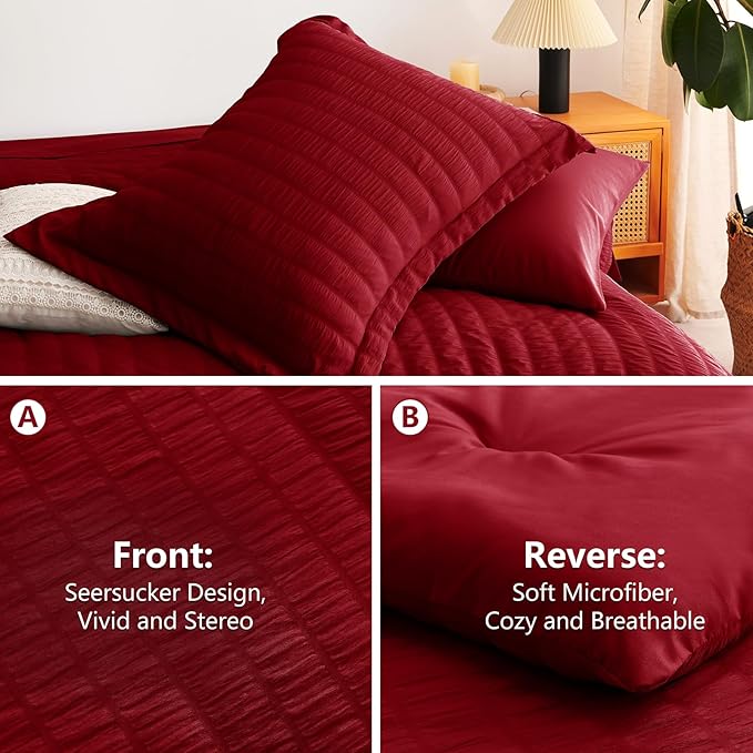 CozyLux Oversized King Comforter Set Dark Red Seersucker 7 Pieces 120x98 Bed in - Image 4