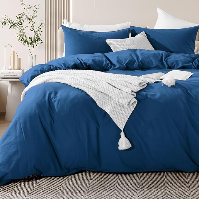 NEXHOME PRO Duvet Cover Set Queen Size Linen Feel Textured Navy Organic Natural by NEXHOMEPRO