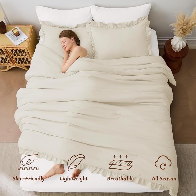 FUANNA Queen Comforter Set Cream White, 3 Pieces Ruffle Queen Bed Set, Fluffy - Image 3