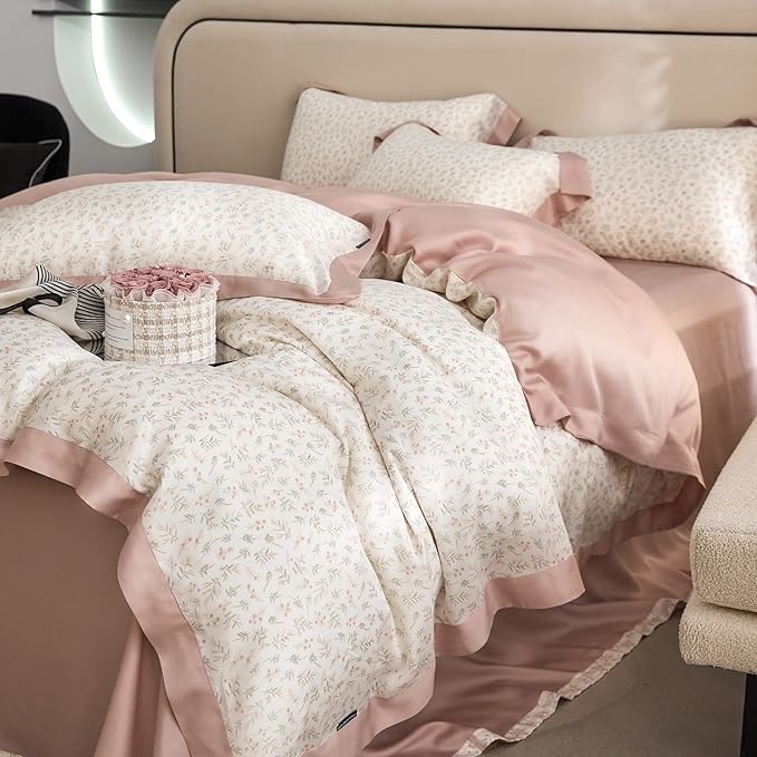 mixinni Pink White Floral Duvet Cover Twin XL Size Green Leaves Cute Flower - Image 4