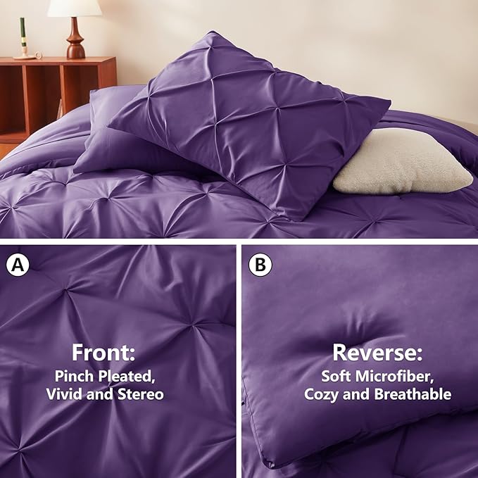 CozyLux Full Size Comforter Sets Purple, 7 Pieces Pintuck Bed in A Bag Purple - Image 3