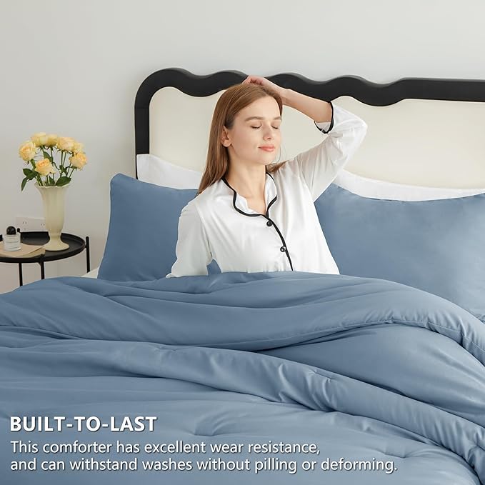 CozyLux Grayish Blue Full Size Comforter Set, 3 Pieces Dusty Blue Solid - Image 3
