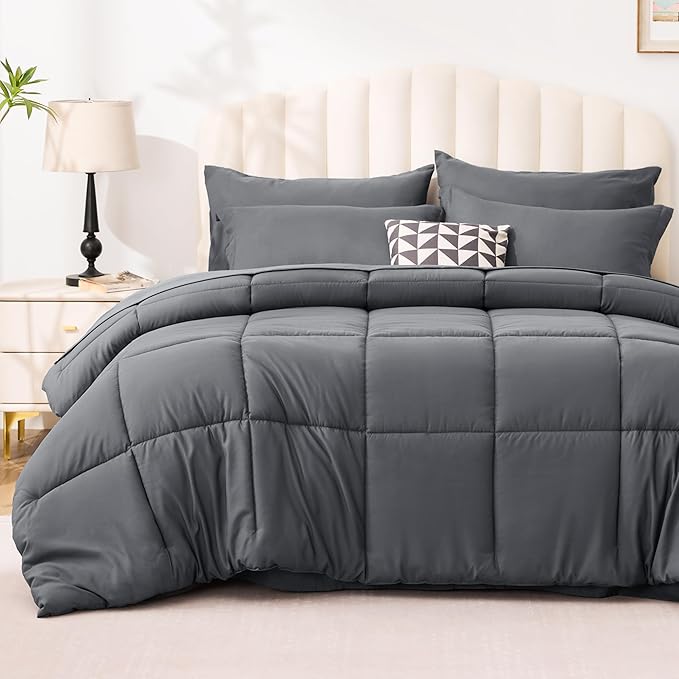 Love's cabin King Size Comforter Set Soot Grey, 7 Pieces King Bed in a Bag by Lovescabin
