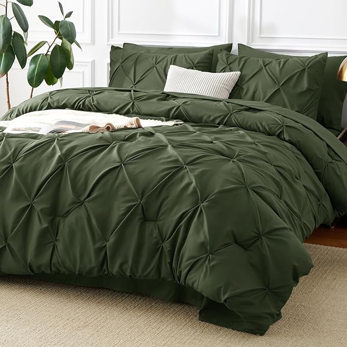 CozyLux Queen Comforter Set Olive Green, 7 Pieces Pintuck Bed in A Bag by CozyLux