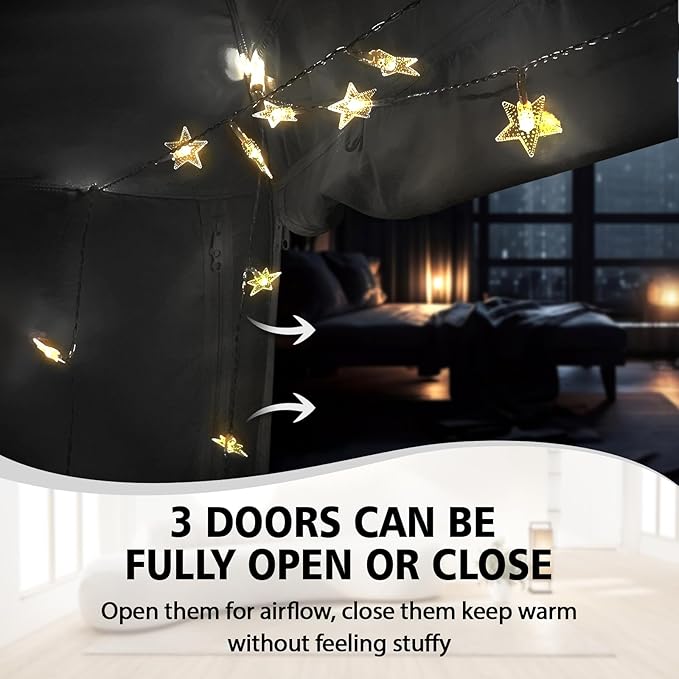 Bed Tent Bed Canopy Breathable 100% for Adult and Kids- Original Design Light Reduction 93% Sleeping Dream Tents Indoor Portable Big Space with String Light 3 Doors Twin Full Queen King Size