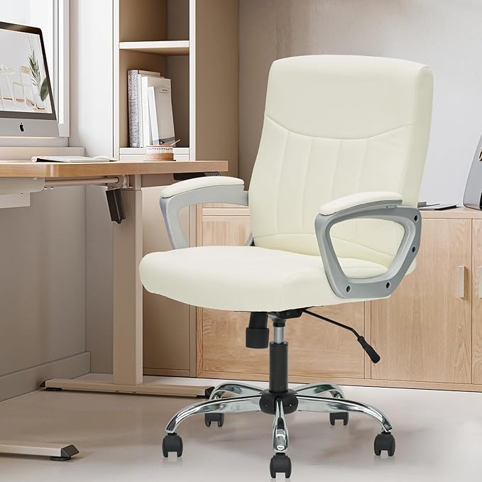 CLATINA Office Computer Desk Chair Executive Mid Back Chair Comfortable Ergonomic Managerial Chair Adjustable PU Leather Home Office Desk Chair Swivel, White 2PK-DeskoryOffice