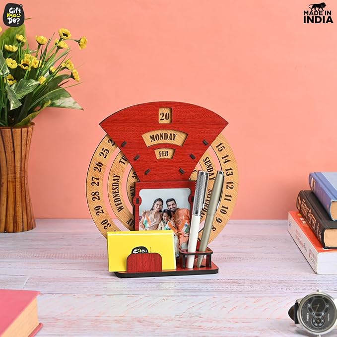 GKD Wooden Desk/Table Calendar to Lifetime Infinite Calendar 2025 with Desk Organizer and Photo Frame for Office/Home (‎Red)-DeskoryOffice
