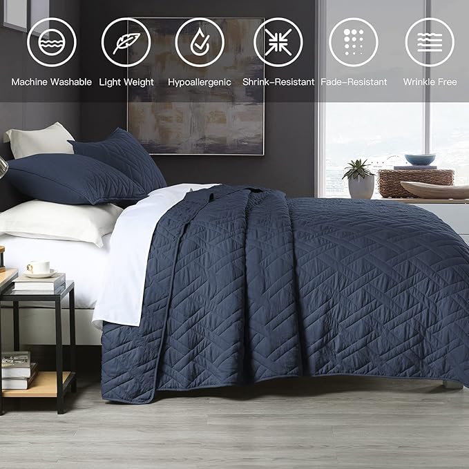 HORIMOTE HOME Quilt Set Twin Size Navy Blue, Classic Geometric Diamond Stitched - Image 5
