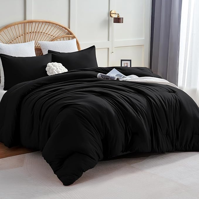 CozyLux King Size Comforter Set Black, 3 Pieces Solid Comforters King Size by CozyLux