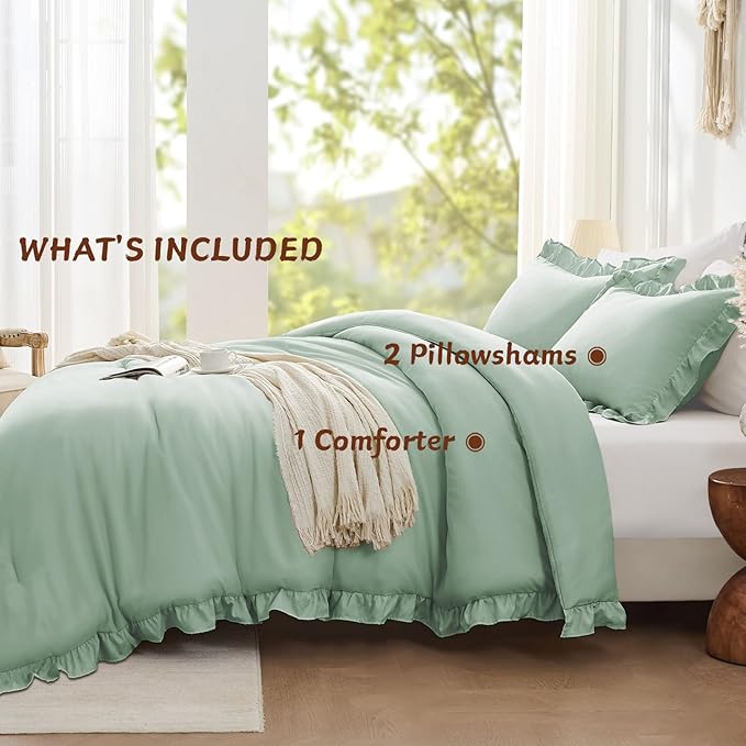FUANNA Queen Comforter Set Sage Green, 3 Pieces Ruffle Queen Bed Set, Fluffy - Image 5