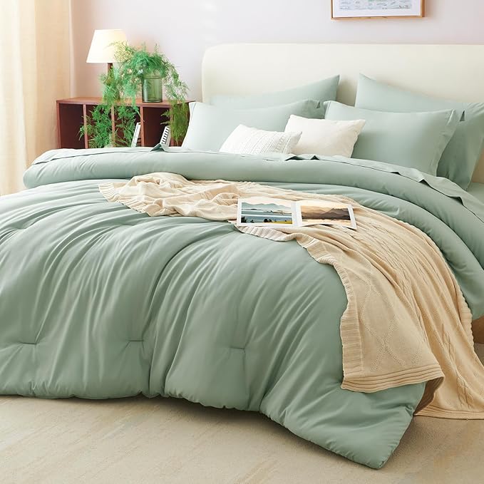 CozyLux California King Comforter Set Sage Green, 7 Pieces Cal King Bed in a by CozyLux