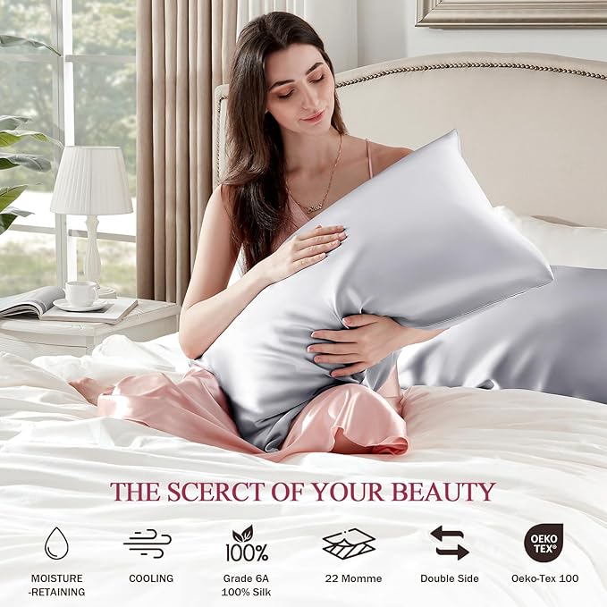 100% Silk Pillow Cases 2 Pack Queen Size Mulberry Silk Pillowcase Set of 2 - Image 6