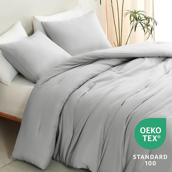 CozyLux Queen Comforter Set Light Grey, 3 Pieces Solid Comforters Queen Size - Image 4