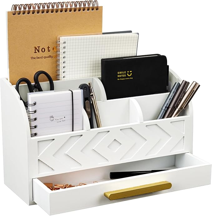 Wooden Desk Organizer Mail Organizer Countertop, Desktop Organizer Mail Sorter Mail Holder Bill Organizer for Desk, Desk Organizers and Accessories for Women (White)-DeskoryOffice
