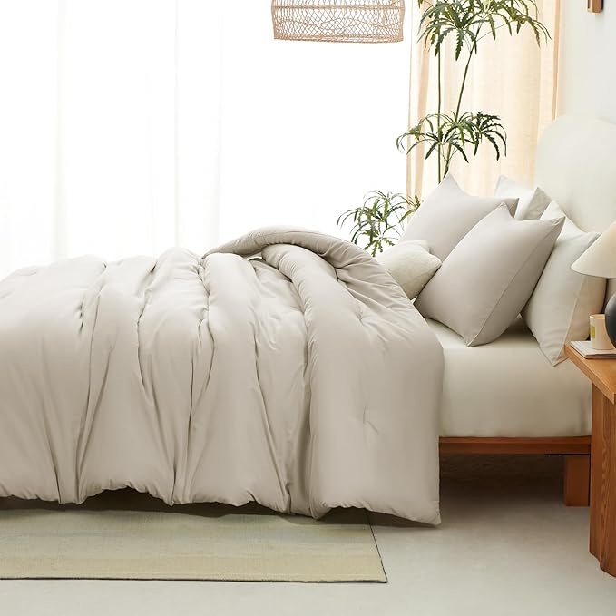 CozyLux Full Size Comforter Set Oatmeal, 3 Pieces Solid Breathable Quilted - Image 8
