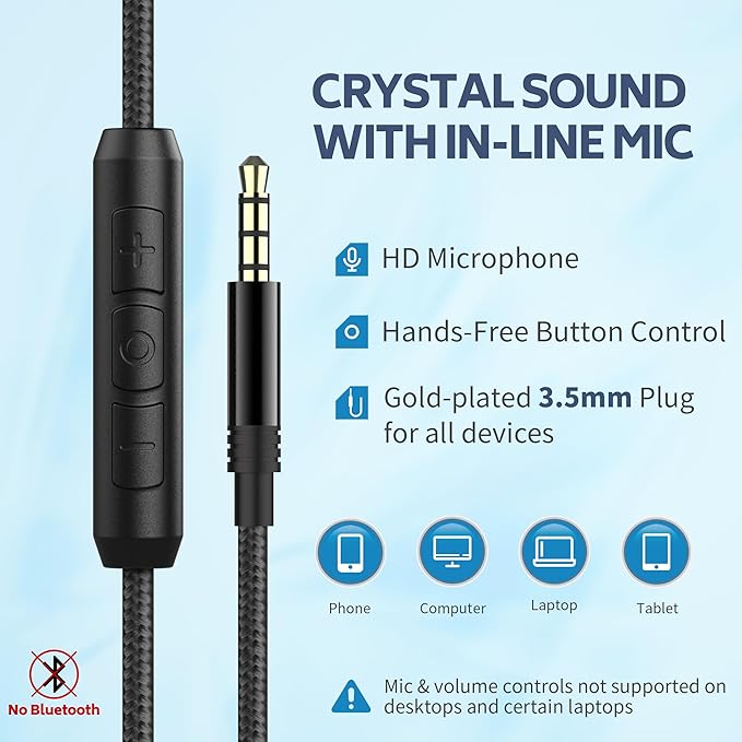 AC01 Over-Ear Headphones Wired, Passive Noise Isolating Corded Stereo Headsets with Mic Volume Control for Adults Teens 3.5mm for Chromebooks, Laptop, Computer, Tablets, Travel (Black Blue)-DeskoryOffice