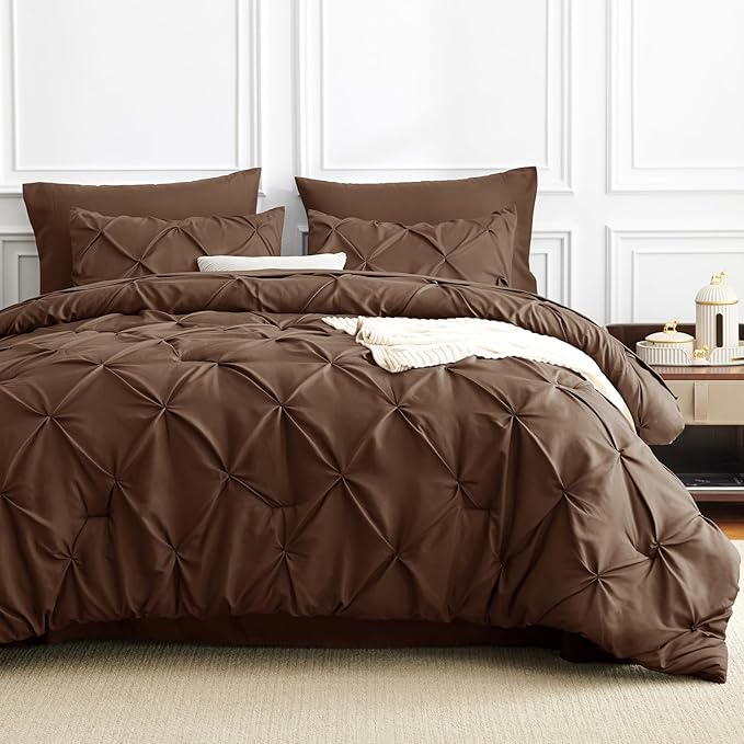 CozyLux Full Size Comforter Sets Brown, 7 Pieces Pintuck Bed in A Bag Brown - Image 8