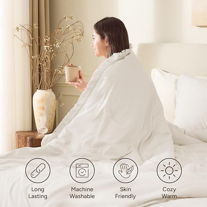 Andency King Size Comforter Set Beige, 3 Pieces Boho Lightweight Tassel Fluffy - Image 3