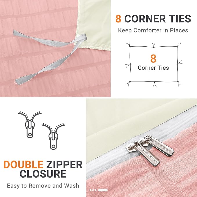 HYMOKEGE Pink/Ivory Duvet Cover Queen Size, Ultra Soft 3-Piece Seersucker Duvet - Image 5
