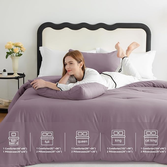 CozyLux Queen Comforter Set Dusty Purple, 3 Pieces Solid Comforters Queen Size - Image 6